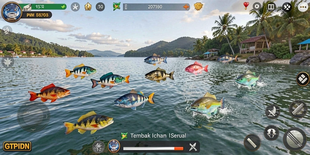 Tampilan gameplay GTPIDN dengan berbagai jenis ikan yang menunggu untuk ditangkap.