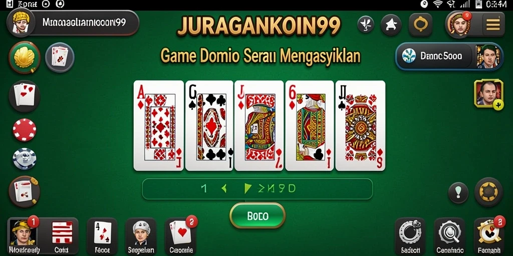 Tampilan gameplay seru dari JURAGANKOIN99, menggambarkan pertandingan domino yang mendebarkan.