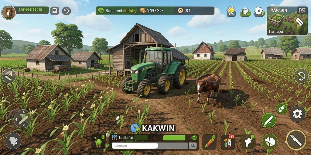Tampilan gameplay KAKWIN yang menampilkan kebun dan hewan ternak.