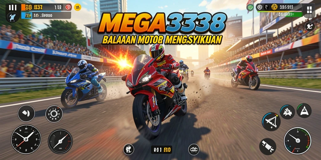 Tampilan seru dari gameplay balapan motor MEGA338.
