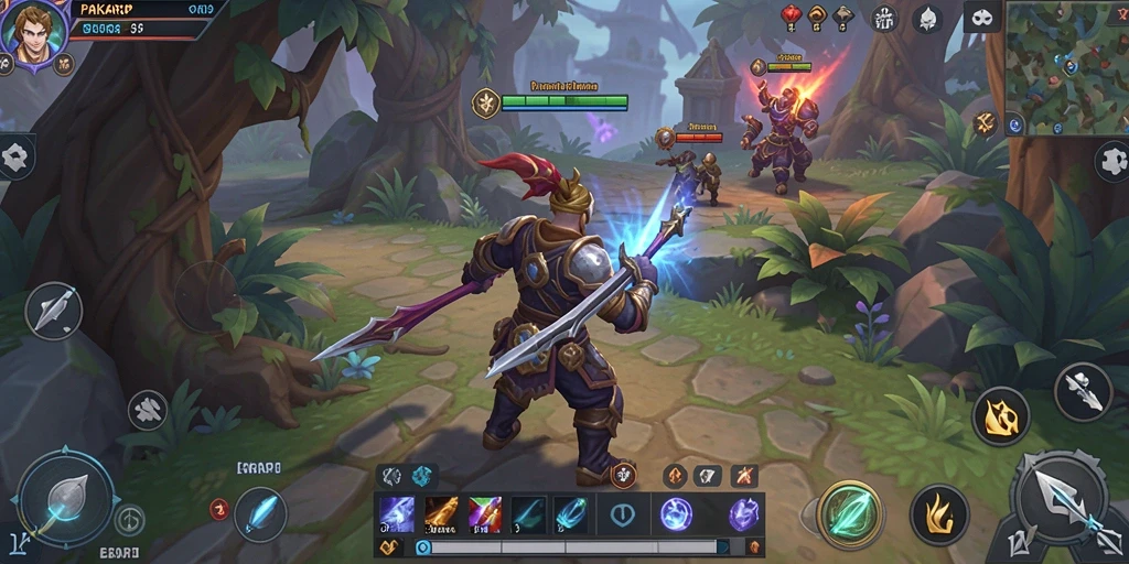 Screenshot gameplay PAKARJP yang menunjukkan pertarungan karakter di dunia fantasi.