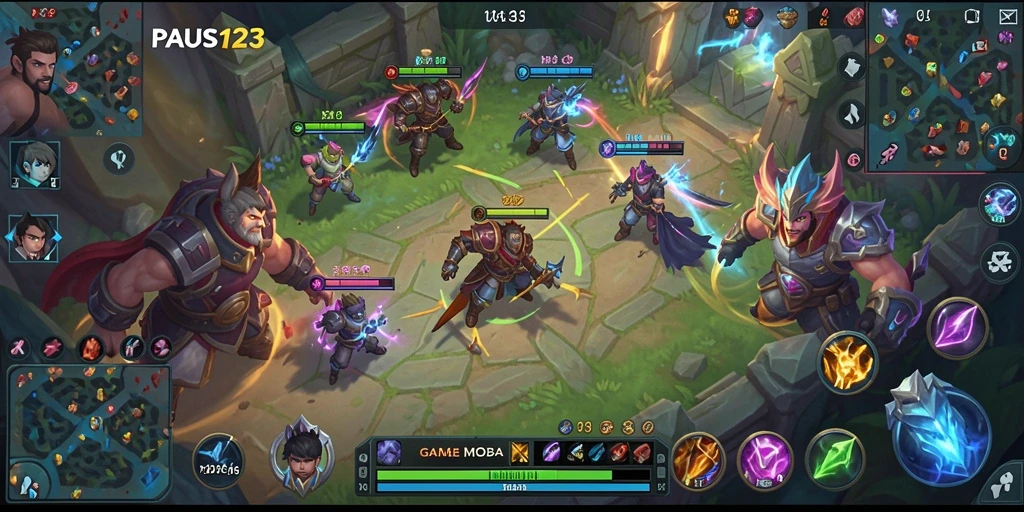 Tampilan gameplay PAUS123 yang mengasyikkan dalam pertarungan MOBA.
